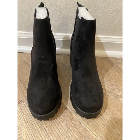 Soda Jaber Black Chunky Lug Sole Elastic Gore Pull On Wide Chelsea Ankle Boot 8 - Picture 2 of 10